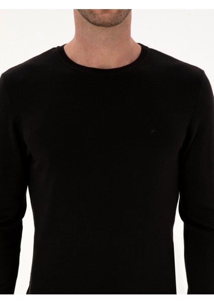 Erkek Siyah Slim Fit Pamuk Karışımlı Bisiklet Yaka Basic Triko Kazak 50318620-VR046