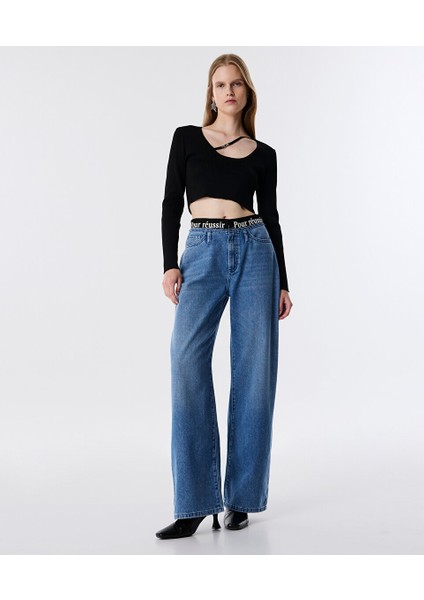 Sloganlı Elastik Bel Jean Pantolon TW6250018022629 indirimleri