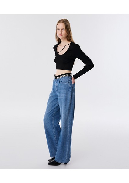 Sloganlı Elastik Bel Jean Pantolon TW6250018022629