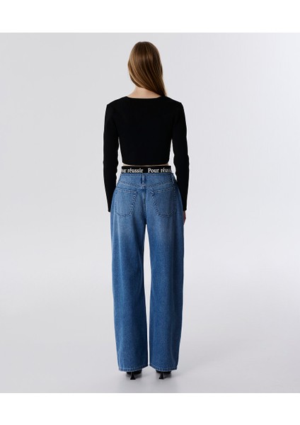 Sloganlı Elastik Bel Jean Pantolon TW6250018022629