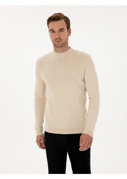 Erkek Bej Slim Fit Pamuk Karışımlı Çeyrek Balıkçı Yaka Basic Triko Kazak 50318704-VR011