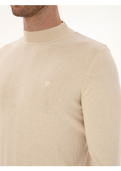 Erkek Bej Slim Fit Pamuk Karışımlı Çeyrek Balıkçı Yaka Basic Triko Kazak 50318704-VR011