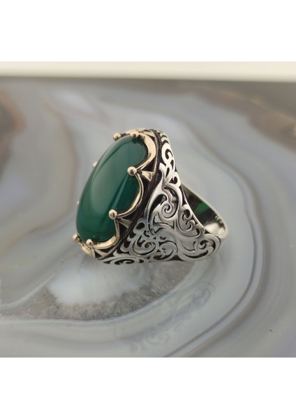 925 Ayar Gümüş Yeşil Akik Taşlı Kral Tacı Erkek Yüzük modelleri