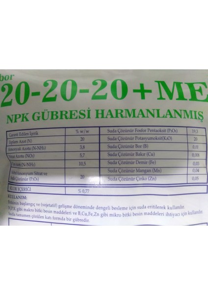 MEB MEBOR 20-20-20 Harmanlanmış NPK Gübresi 1 Kg, Azot, Fosfor, Potasyum, Bor, Bakır, Demir, Mangan fırsatları