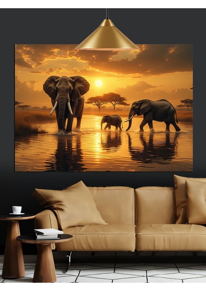Gün Batımında Yürüyen Filler Dekoratif Kanvas - Mdf Ahşap Tablo