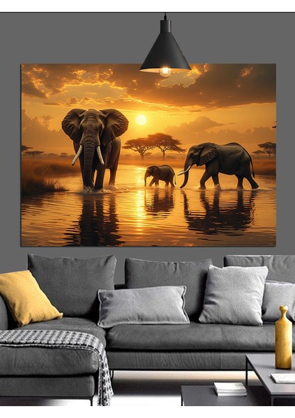 Gün Batımında Yürüyen Filler Dekoratif Kanvas - Mdf Ahşap Tablo fiyatları