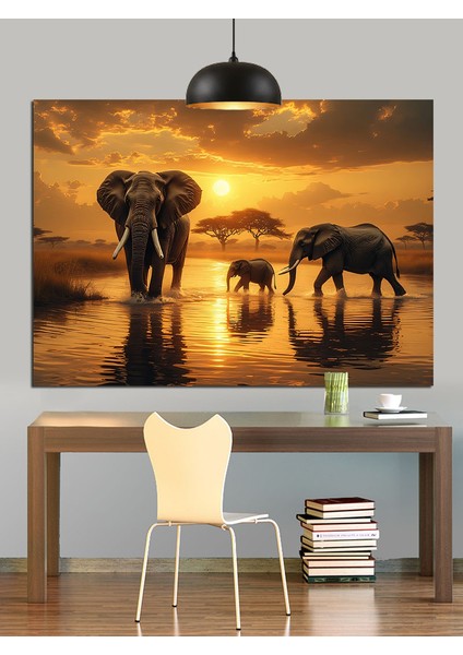 Gün Batımında Yürüyen Filler Dekoratif Kanvas - Mdf Ahşap Tablo fırsatları