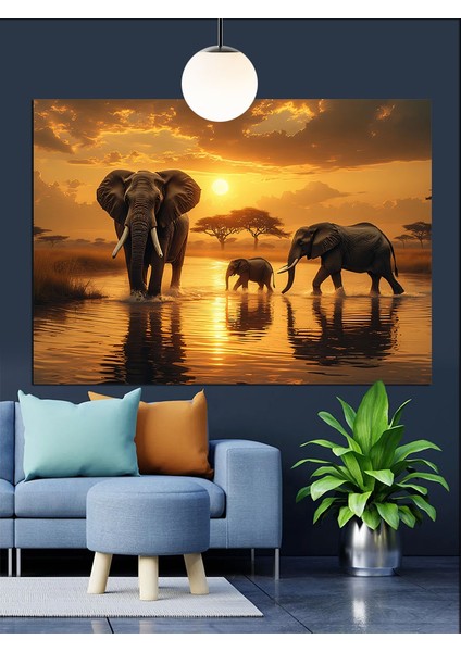 Gün Batımında Yürüyen Filler Dekoratif Kanvas - Mdf Ahşap Tablo indirimleri