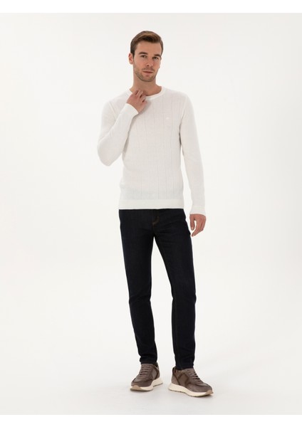 Erkek Ekru Slim Fit Pamuk Karışımlı Bisiklet Yaka Triko Kazak 50318868-VR019 fırsatları