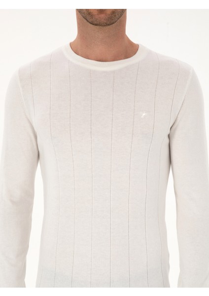 Erkek Ekru Slim Fit Pamuk Karışımlı Bisiklet Yaka Triko Kazak 50318868-VR019