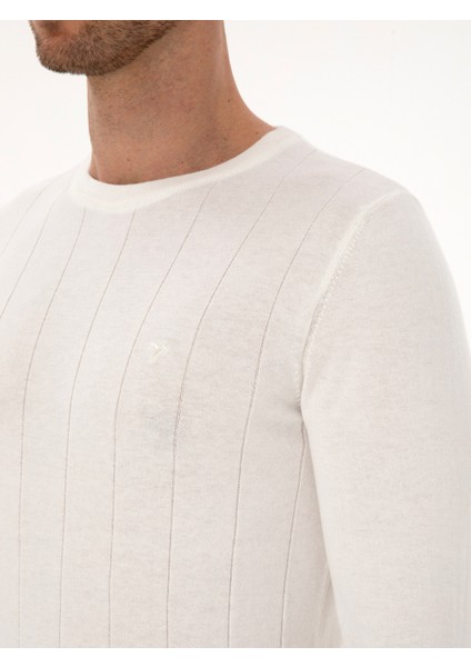 Erkek Ekru Slim Fit Pamuk Karışımlı Bisiklet Yaka Triko Kazak 50318868-VR019