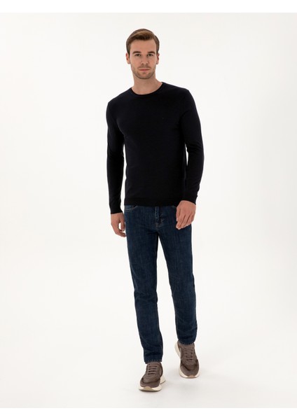 Erkek Lacivert Slim Fit Kaşmir İpek Karışımlı Bisiklet Yaka Triko Kazak 50316307-VR033 fırsatları