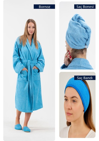 Cottonverse 3'lü Bornoz Seti - %100 Pamuk Bornoz , Saç Bonesi , Saç Bandı Unısex