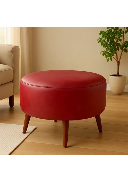 Büyük Yuvarlak Puf - Deri Kumaş - Ahşap Ayak - Kırmızı