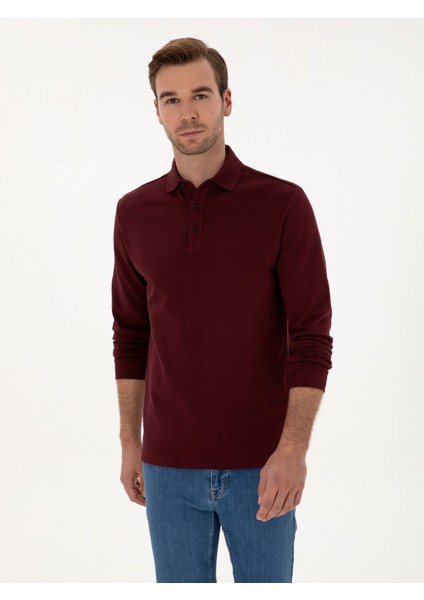 Erkek Bordo Regular Fit %100 Pamuk 3 İplik Polo Yaka Sweatshirt 50318960-VR014