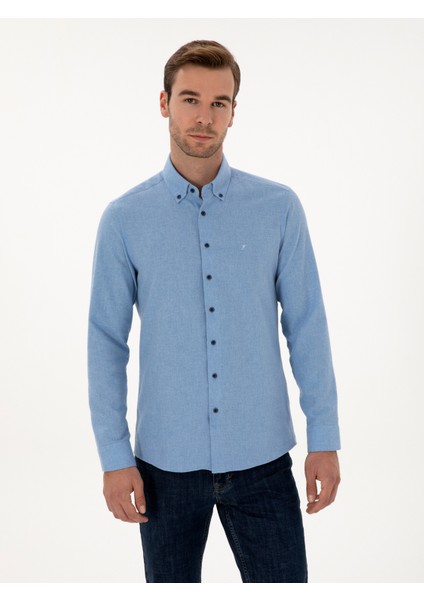 Erkek Açık Mavi Slim Fit Pamuk Karışımlı Yakası Düğmeli Flanel Gömlek 50318243-VR003
