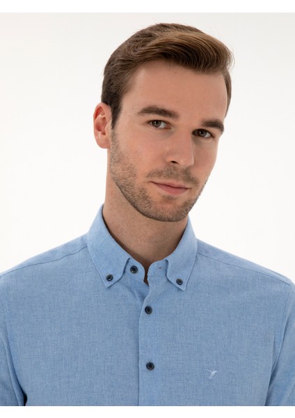 Erkek Açık Mavi Slim Fit Pamuk Karışımlı Yakası Düğmeli Flanel Gömlek 50318243-VR003 fiyatları