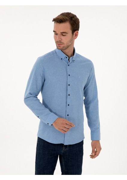 Erkek Açık Mavi Slim Fit Pamuk Karışımlı Yakası Düğmeli Flanel Gömlek 50318243-VR003 modelleri