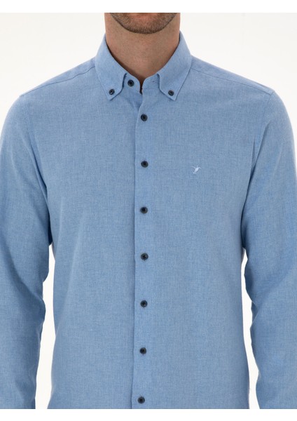 Erkek Açık Mavi Slim Fit Pamuk Karışımlı Yakası Düğmeli Flanel Gömlek 50318243-VR003
