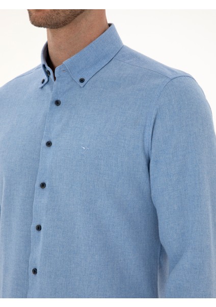 Erkek Açık Mavi Slim Fit Pamuk Karışımlı Yakası Düğmeli Flanel Gömlek 50318243-VR003