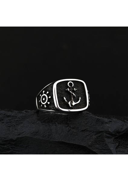 925 Ayar Gümüş Çapa Desenli Dümen Detaylı Erkek Yüzük