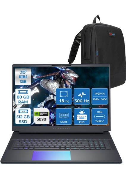 Alienware 18 Area-51 AA18250 Ultra 9 275HX Ddr5 80GB 512GB SSD 24GB/RTX5090 175W 18INÇ Wqxga 300Hz 500NITS Freedos Gaming Laptop AA1825090F33+ZETTAÇANTA
