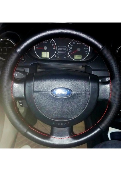 Dikişli Direksiyon Kılıfı Noktalı Deri Minikare Karbon Deri Kırmızı Dikişli F.or.d Connect
