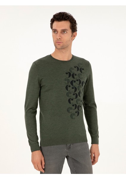 Erkek Yeşil Slim Fit Bisiklet Yaka Yün Triko Kazak 50291586-VR054