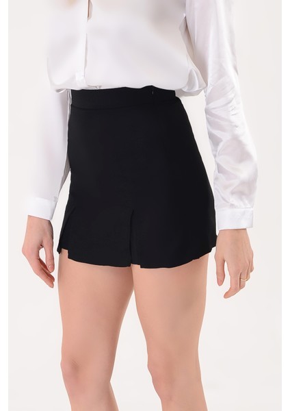 Kadın Şort Etek Siyah Keten Karışımı Çift Yırtmaçlı Yazlık Tasarım