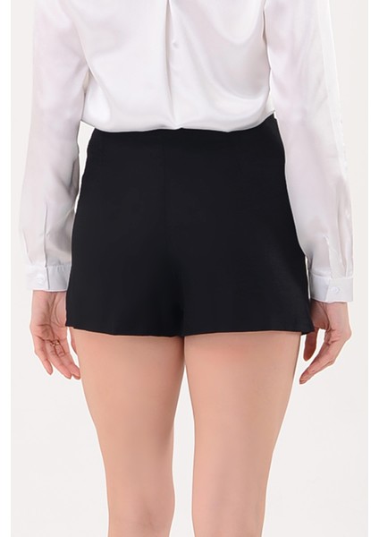 Kadın Şort Etek Siyah Keten Karışımı Çift Yırtmaçlı Yazlık Tasarım