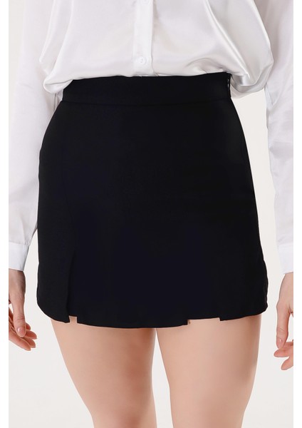 Kadın Şort Etek Siyah Keten Karışımı Çift Yırtmaçlı Yazlık Tasarım