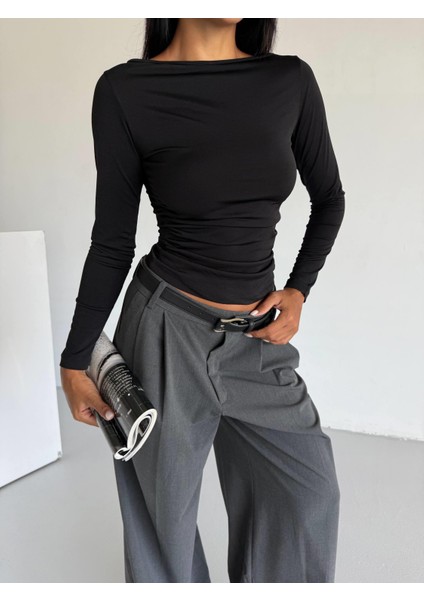 Kadın Uzun Kollu Siyah Vücudu Saran Bluz