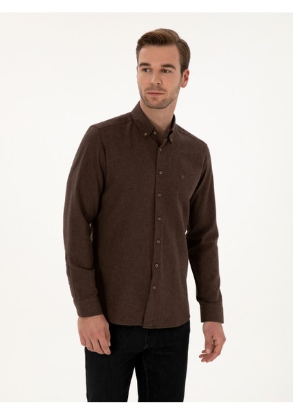 Erkek Koyu Kahverengi Slim Fit Pamuk Karışımlı Yakası Düğmeli Flanel Gömlek 50318243-VR084