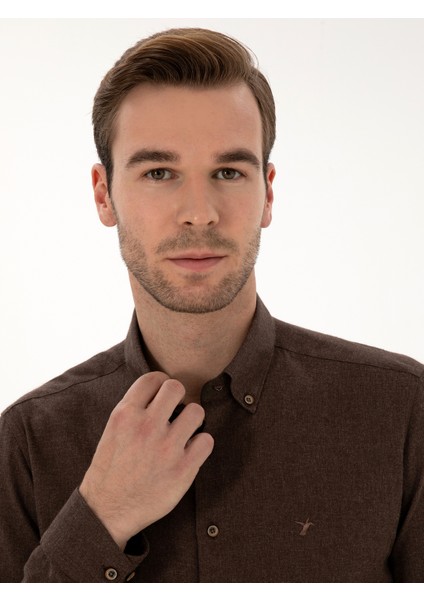 Erkek Koyu Kahverengi Slim Fit Pamuk Karışımlı Yakası Düğmeli Flanel Gömlek 50318243-VR084 fiyatları