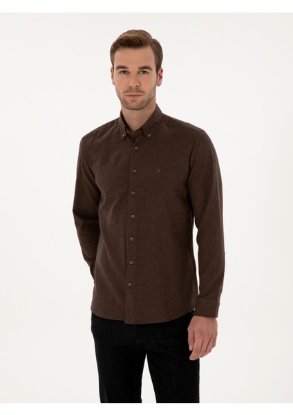 Erkek Koyu Kahverengi Slim Fit Pamuk Karışımlı Yakası Düğmeli Flanel Gömlek 50318243-VR084 modelleri