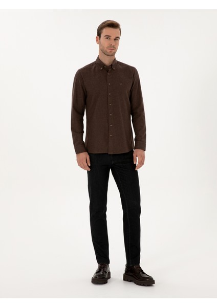 Erkek Koyu Kahverengi Slim Fit Pamuk Karışımlı Yakası Düğmeli Flanel Gömlek 50318243-VR084 fırsatları