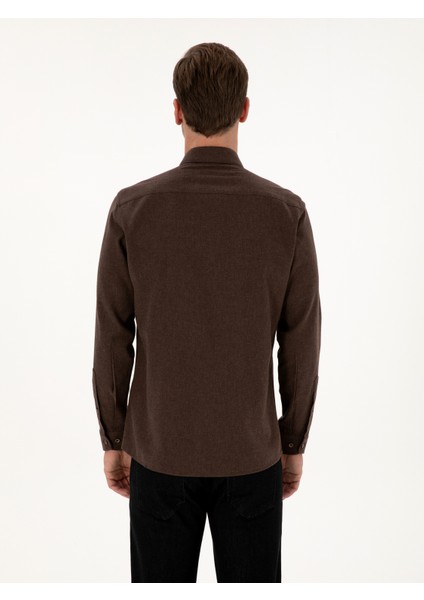 Erkek Koyu Kahverengi Slim Fit Pamuk Karışımlı Yakası Düğmeli Flanel Gömlek 50318243-VR084 indirimleri