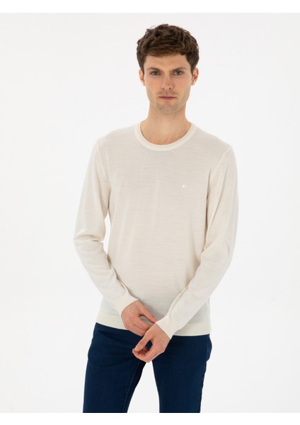 Erkek Beyaz Slim Fit Yün Karışımlı Bisiklet Yaka Basic Triko Kazak 50315266-VR013