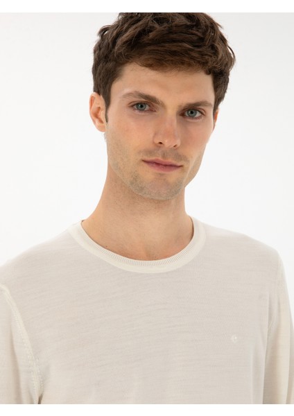 Erkek Beyaz Slim Fit Yün Karışımlı Bisiklet Yaka Basic Triko Kazak 50315266-VR013 fiyatları
