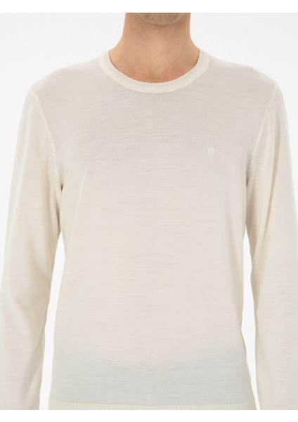 Erkek Beyaz Slim Fit Yün Karışımlı Bisiklet Yaka Basic Triko Kazak 50315266-VR013