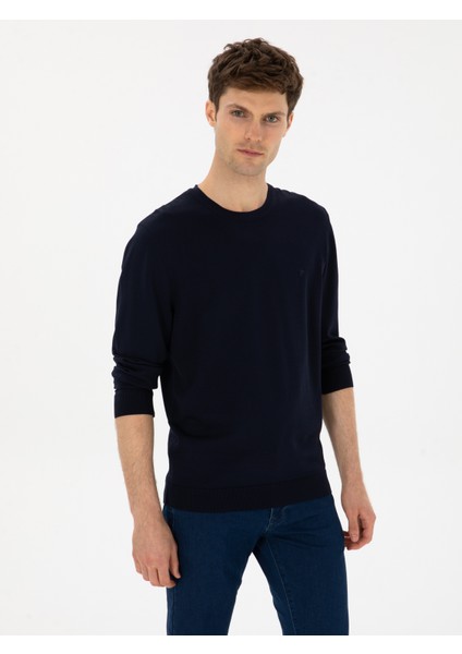 Erkek Lacivert Slim Fit Bisiklet Yaka Triko Kazak 50316331-VR033