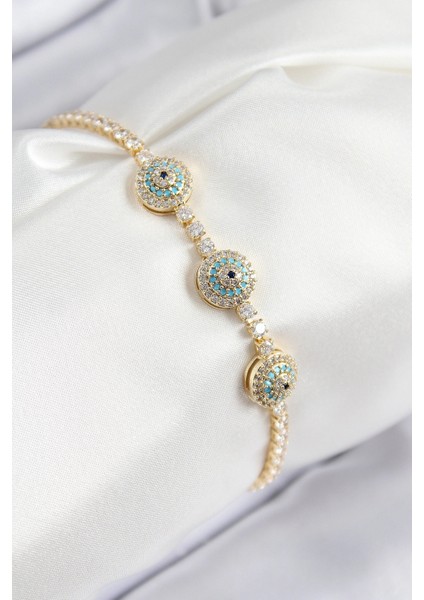 Pirinç Zirkon Taşlı Nazar Model Gold Renk Kadın Bileklik