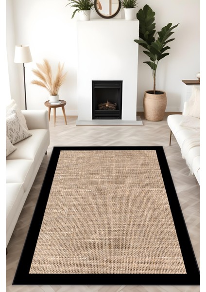 Dijital Baskı Jüt Görünümlü Siyah Çerçeveli Modern Makinada Yıkanabilir Salon Mutfak Yolluk Halısı