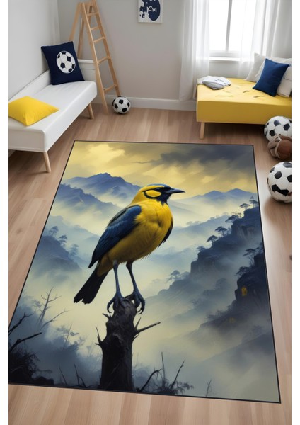 Dijital Baskı Sarı Lacivert Kanarya Halısı Makinada Yıkanabilir Genç Çocuk Odası Halısı