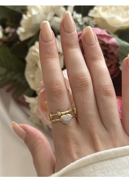 Çift Sıra Kalp Detaylı Yüzük