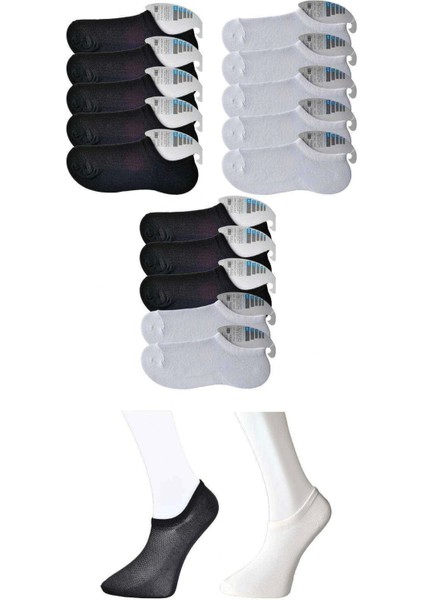 Siyah ve Beyaz Erkek Görünmez Çorap 15 Çift