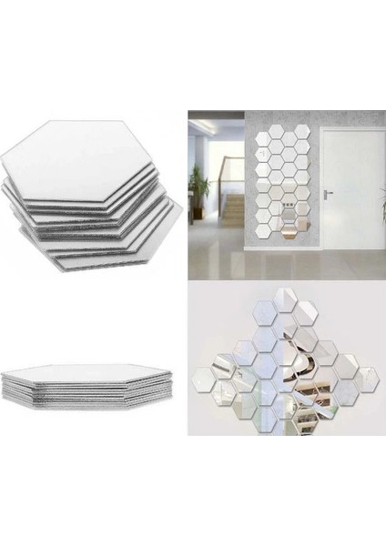 12 Adet Orta Boy Yapışkanlı Dekoratif Akrilik Ayna Altıgen modelleri