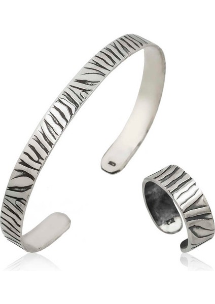 925 Ayar Gümüş Zebra Desenli Bileklik ve Yüzük Set T3918