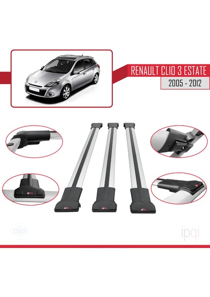 Renault Clio 3 Estate 2005-2012 Arası ile Uyumlu Fly Model Ara Atkı Tavan Barı Gri 3 Adet fırsatları