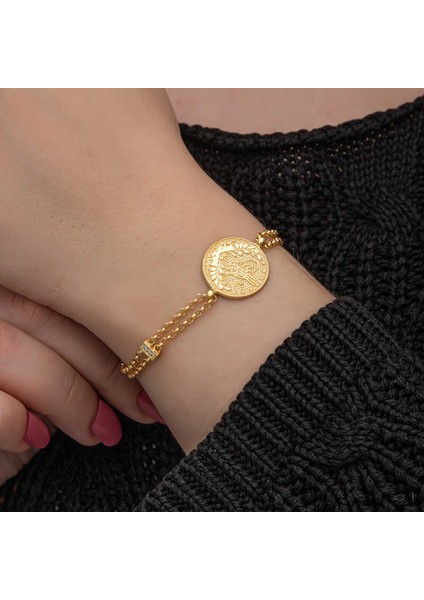 925 Ayar Gümüş Gold Kaplama Tuğralı Kadın Bileklik T8654 indirimleri